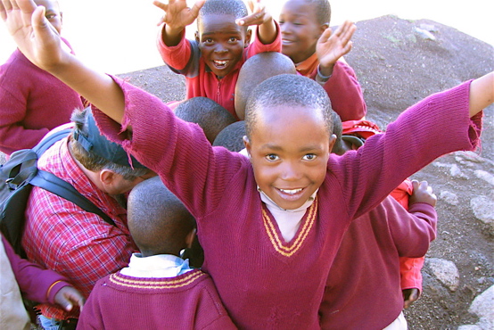 Chip with school kids in Thaba Tseka