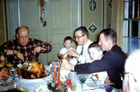 Grandpa Pace carving, cousin Doug, Uncle Ned, George and Dad