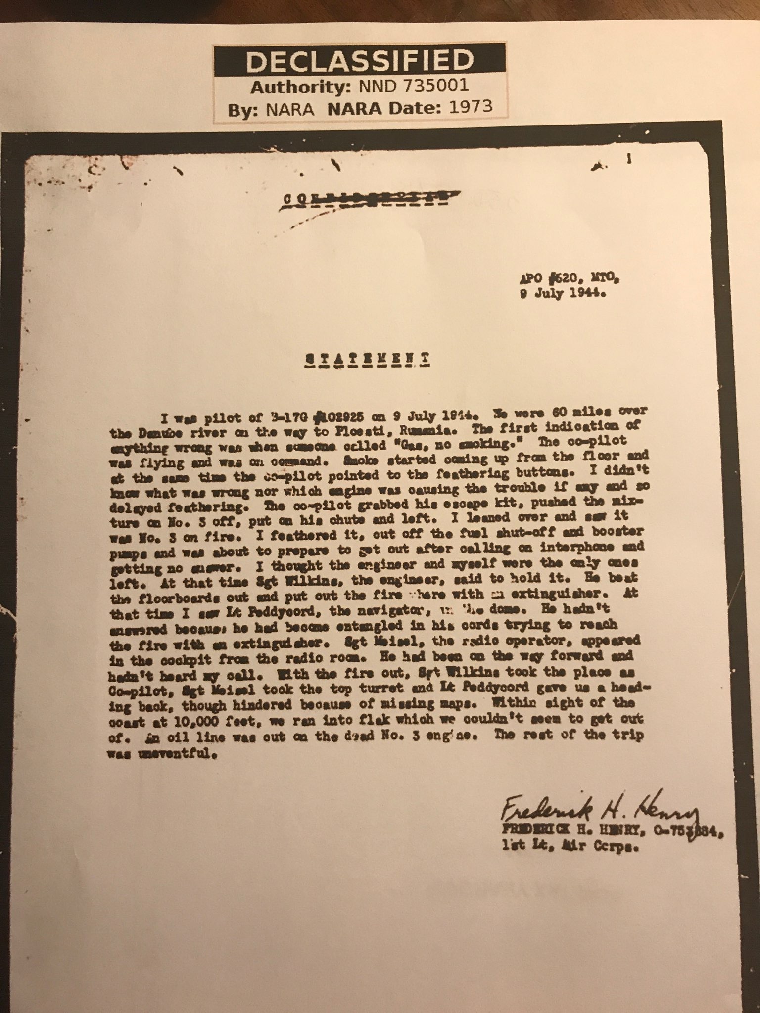 Missing Air Crew report detailed by 1st Lt Henry