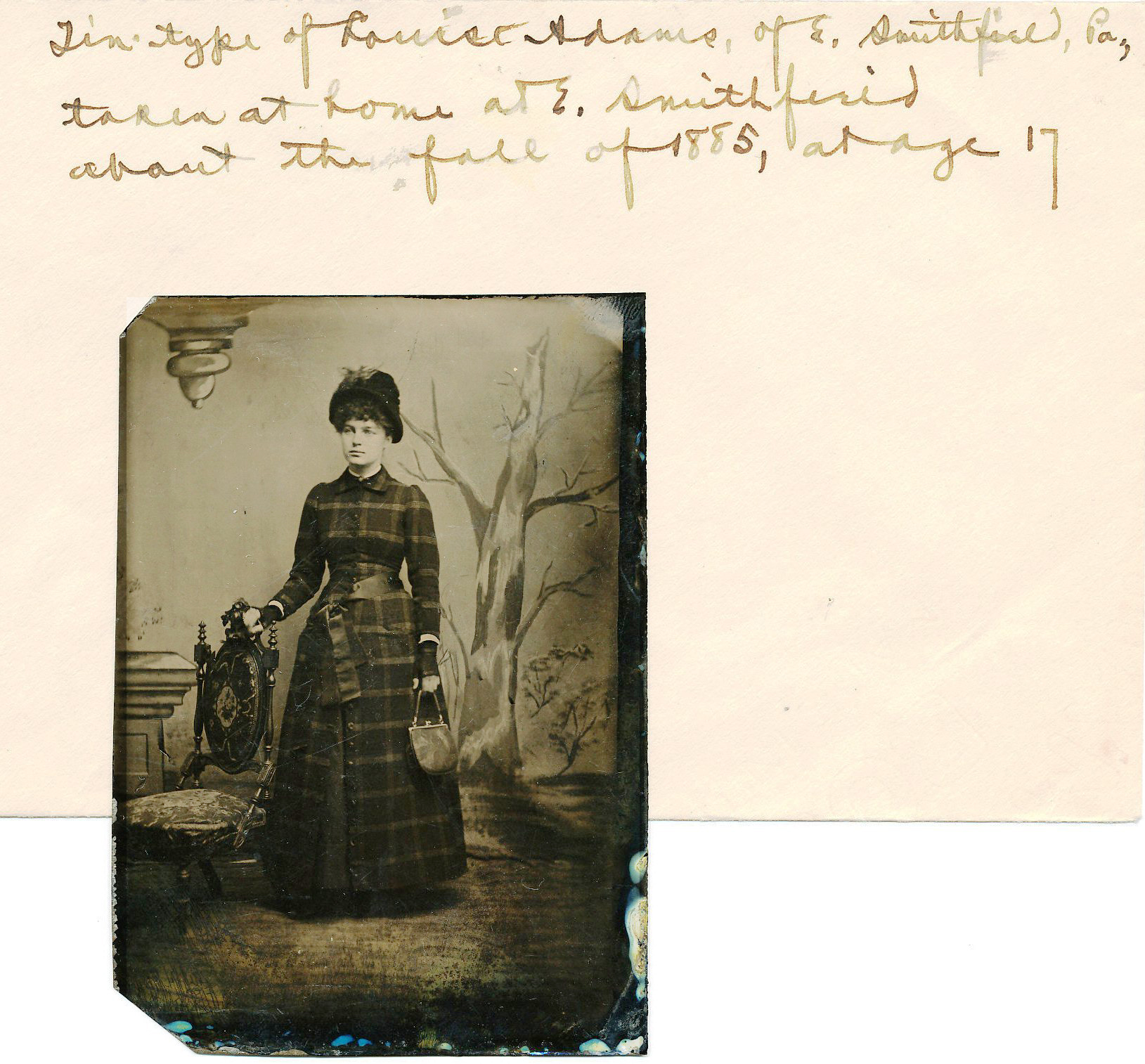 “Tin-type of Louise Adams, of E. Smithfield, Pa, taken at home at E. Smithfield about the fall of 1885, at age 17”