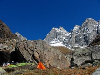 Basecamp, Peak 5394 is on the left. Our route follows the left skyline, across the ridge then up the the summit headwall.
