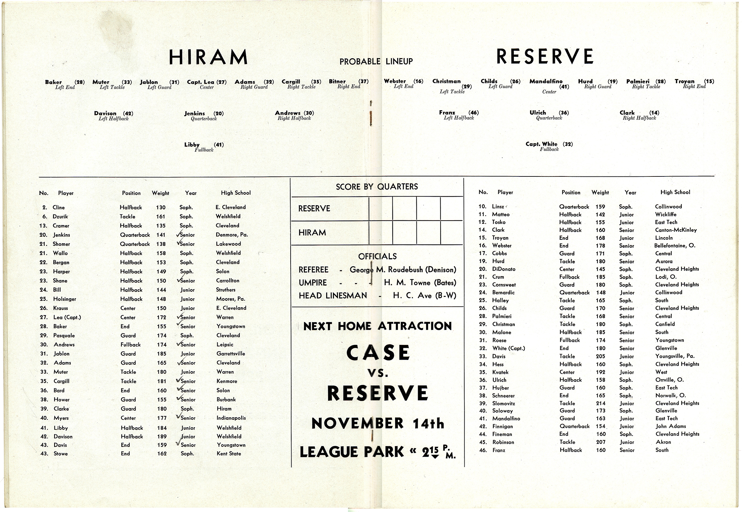 3Hiram vs Reserve 1931