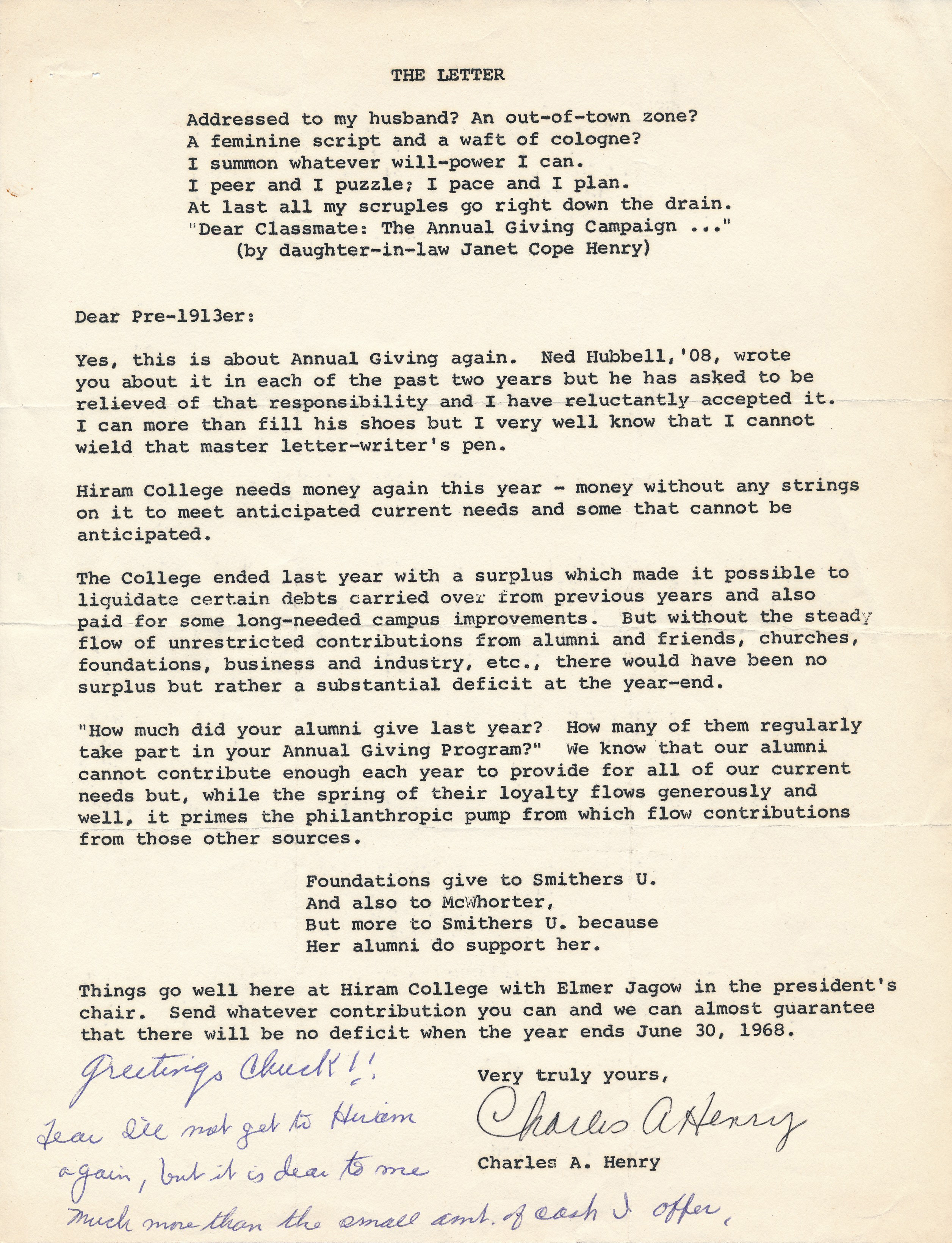 This is an example of Chuck's famous Alumni letters. PLUS it has a poem of Aunt Janet's!