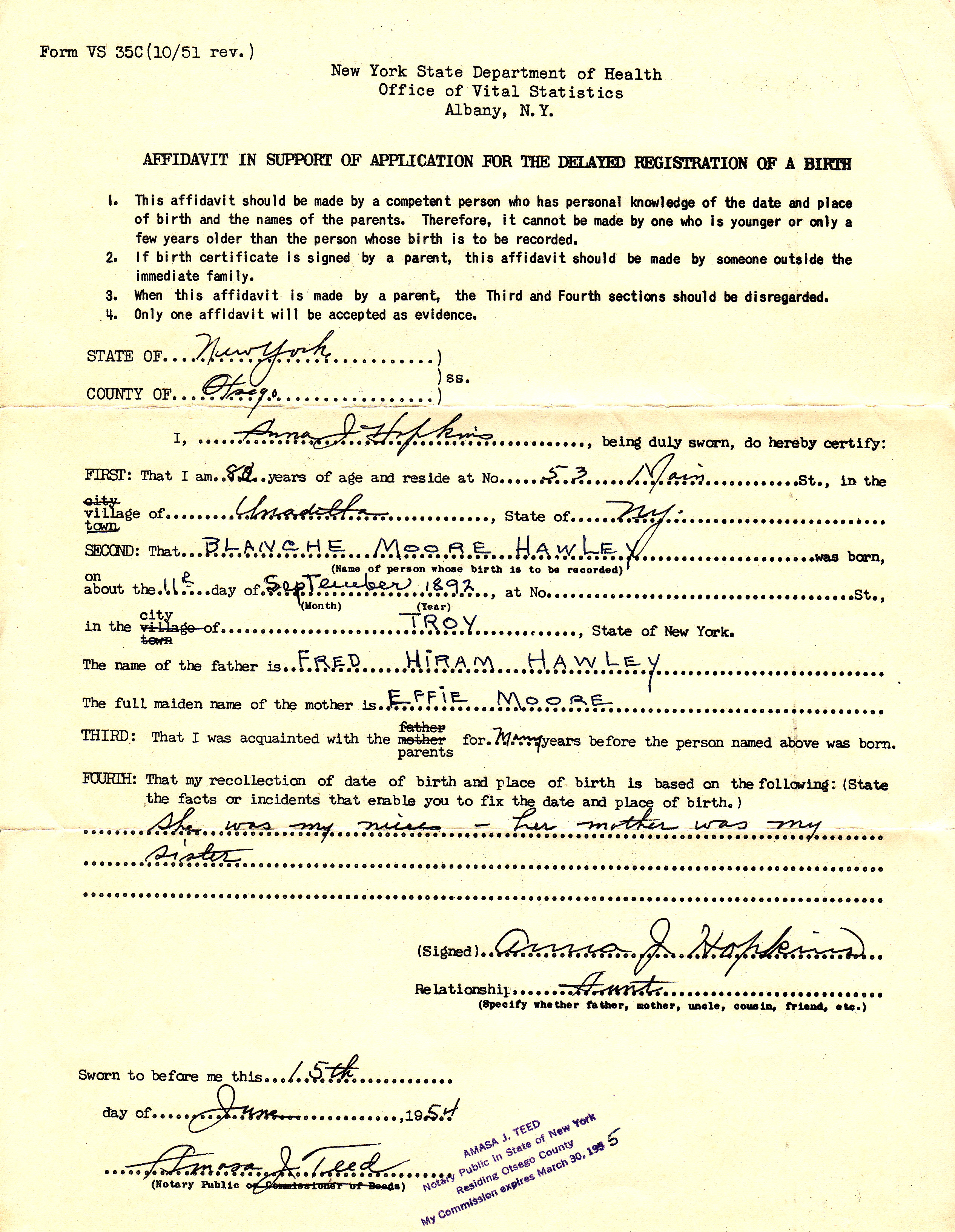 Blanche-birth Affidavit