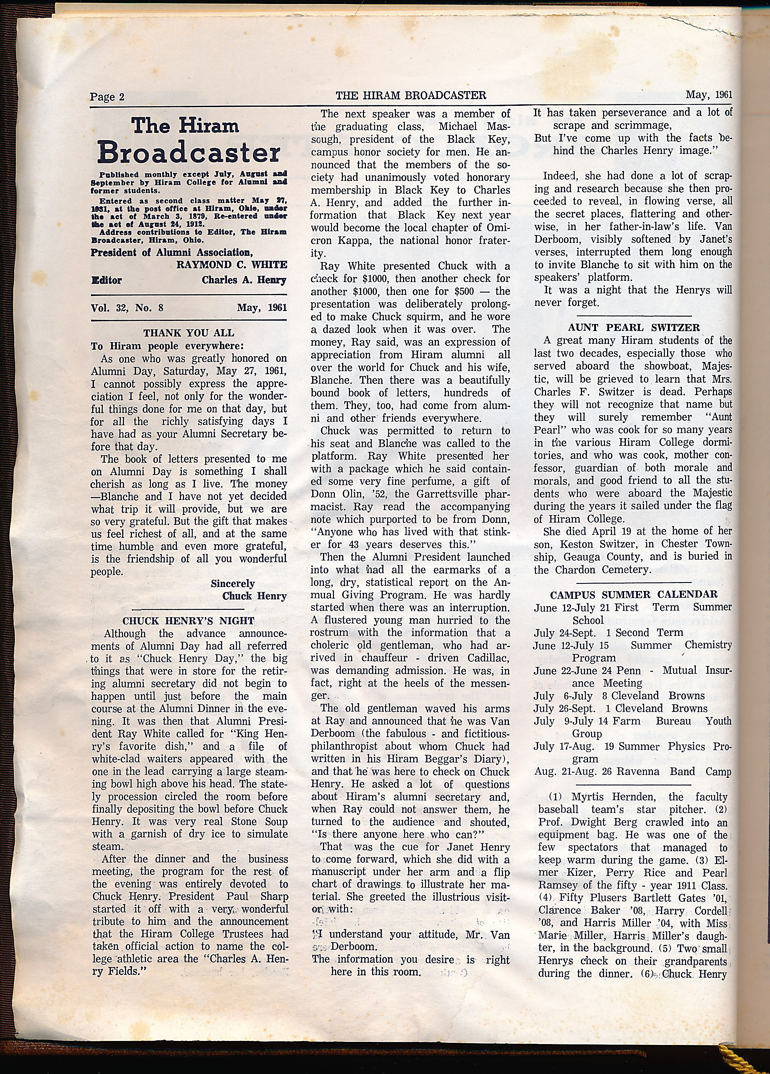 These 2 pages in the Hiram Broadcaster Newsletter describe the dinner.