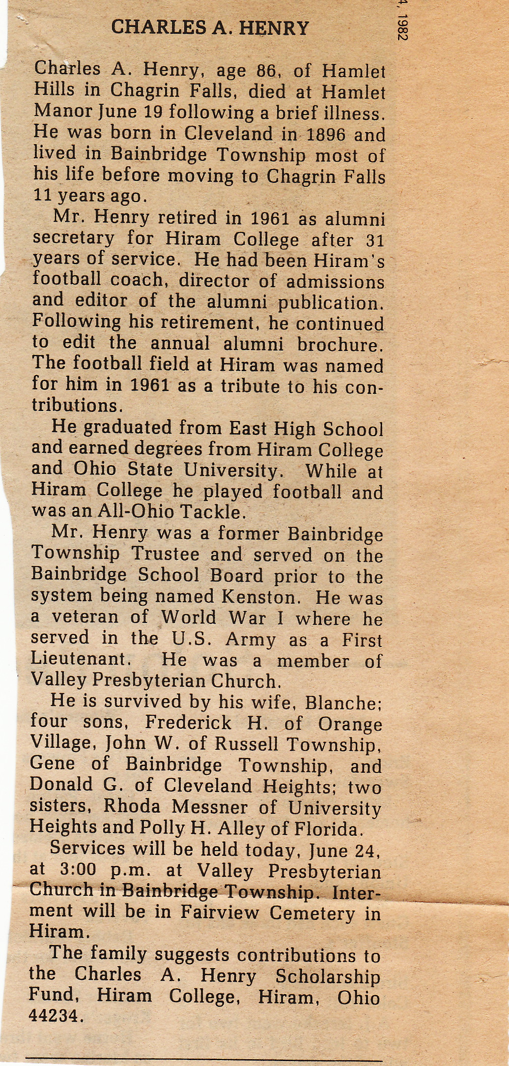 Charles Chuck Henry Obit 1982