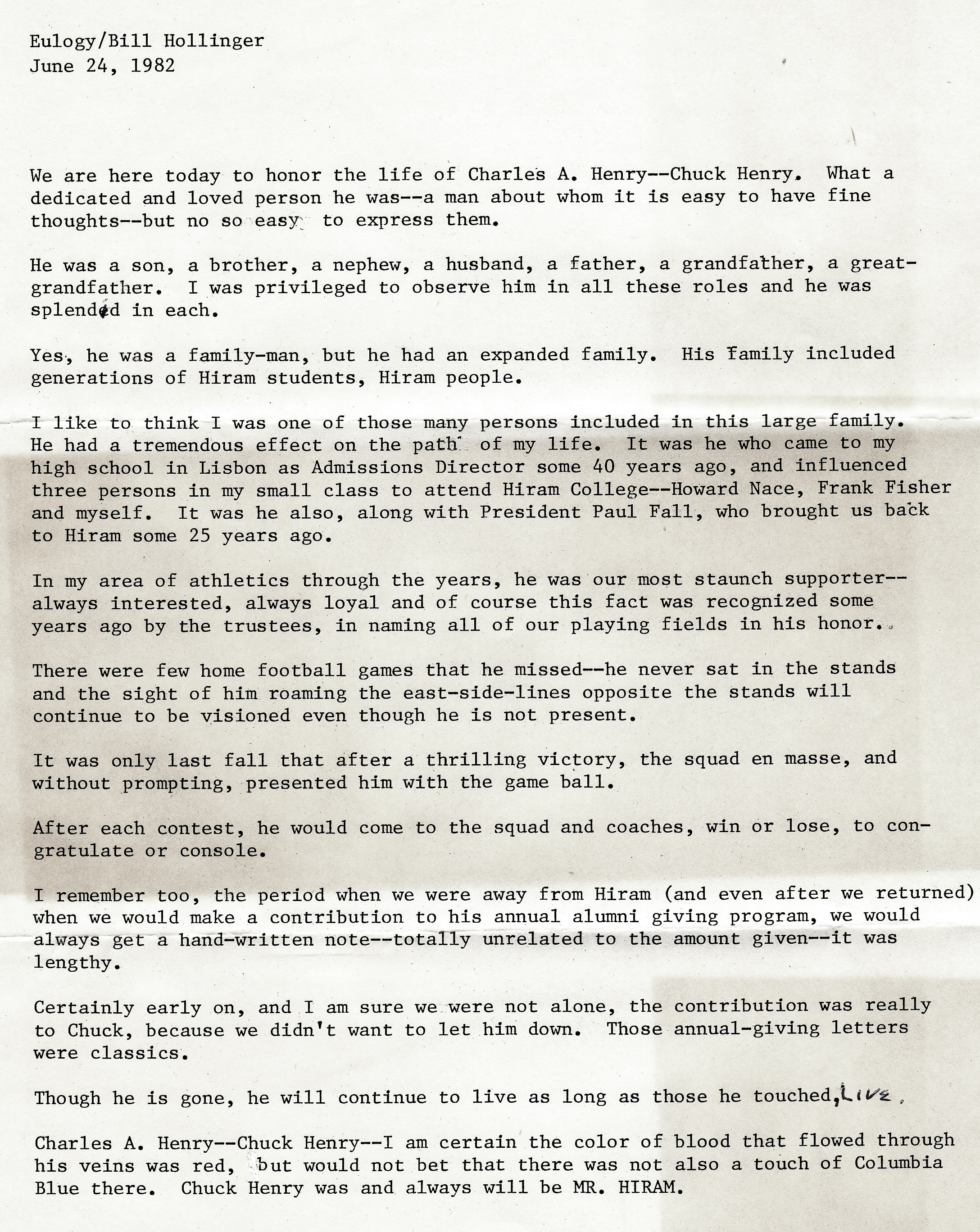 Eulogy for Chuck Henry 1982