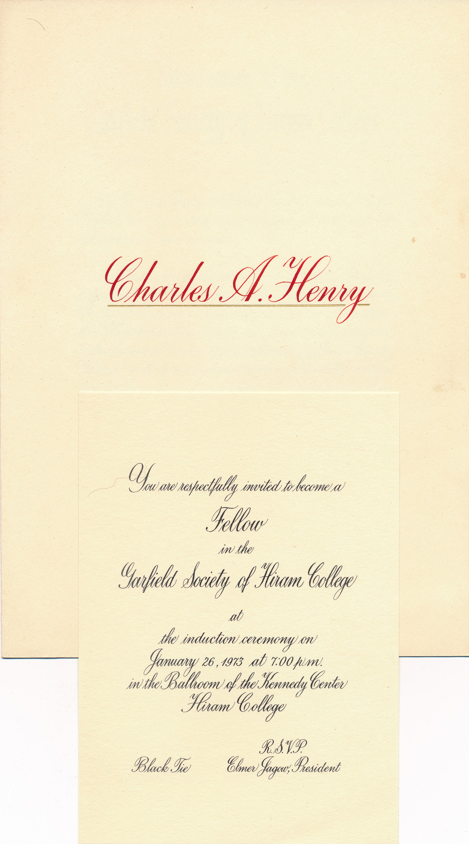 Invitation to Chuck Henry to become a Fellow in the Garfield Society of Hiram College. January 26, 1973
