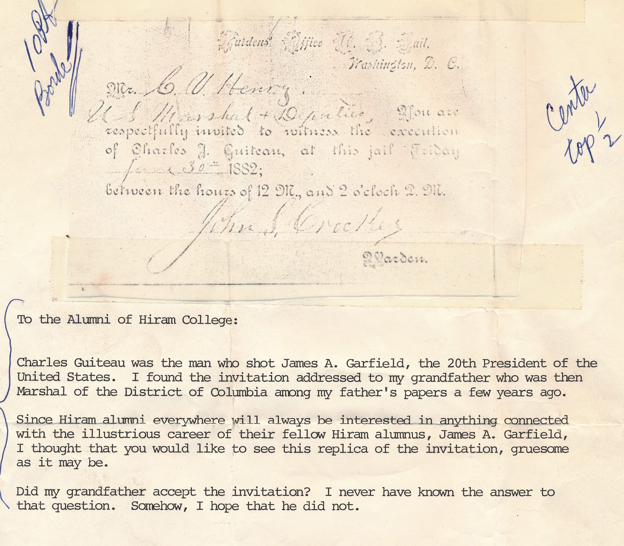 Interesting note that Chuck sent out to Alumni as part of his fundraising letters. No date on it.