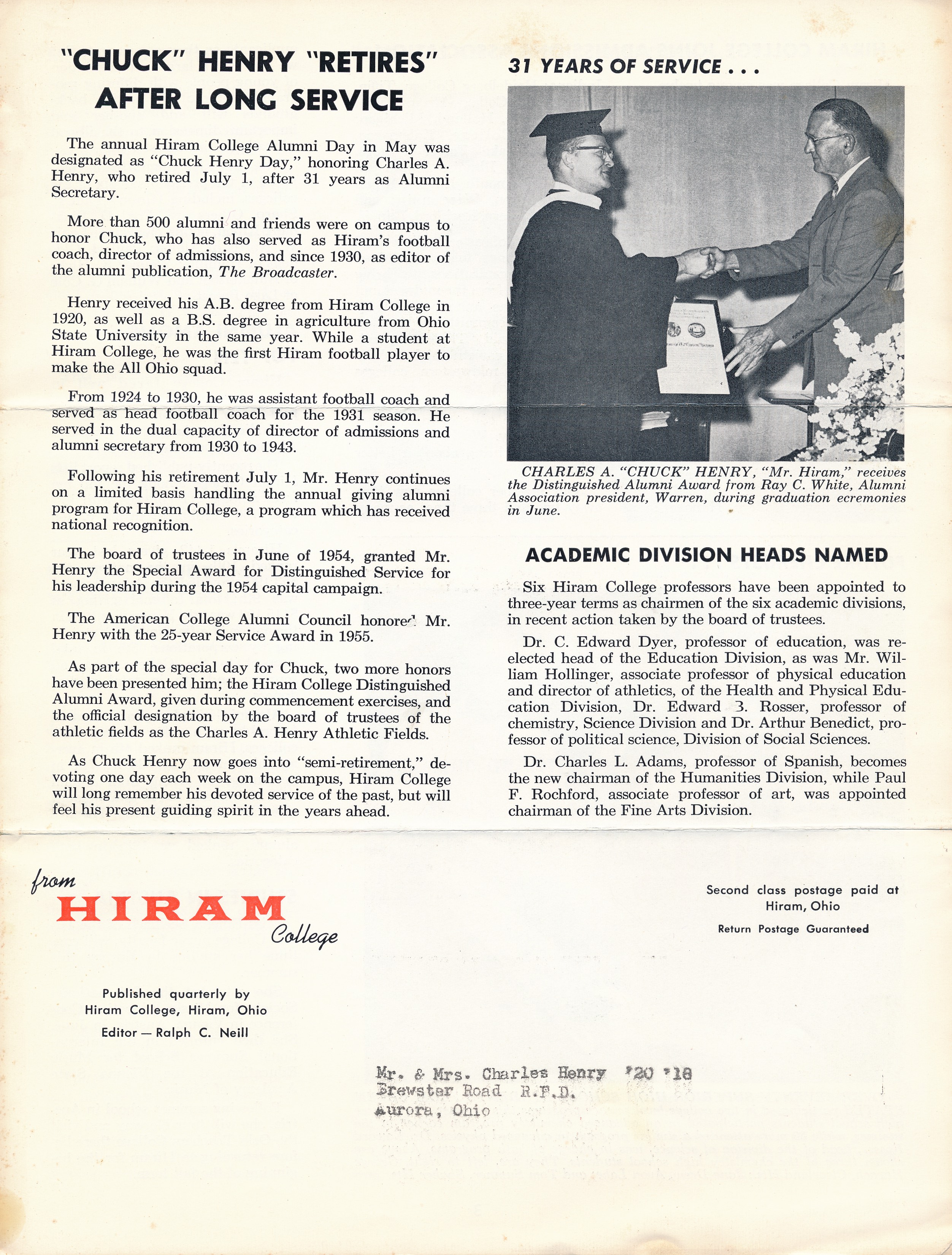 The same 1961 Hiram newsletter had this article about Chuck's 