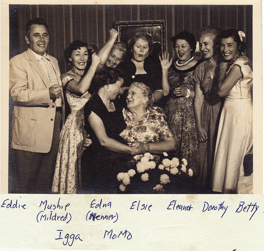 Momo (Jeanne's Grandmother Hilda Huott) with 7 of her 8 daughters and her one and only son.