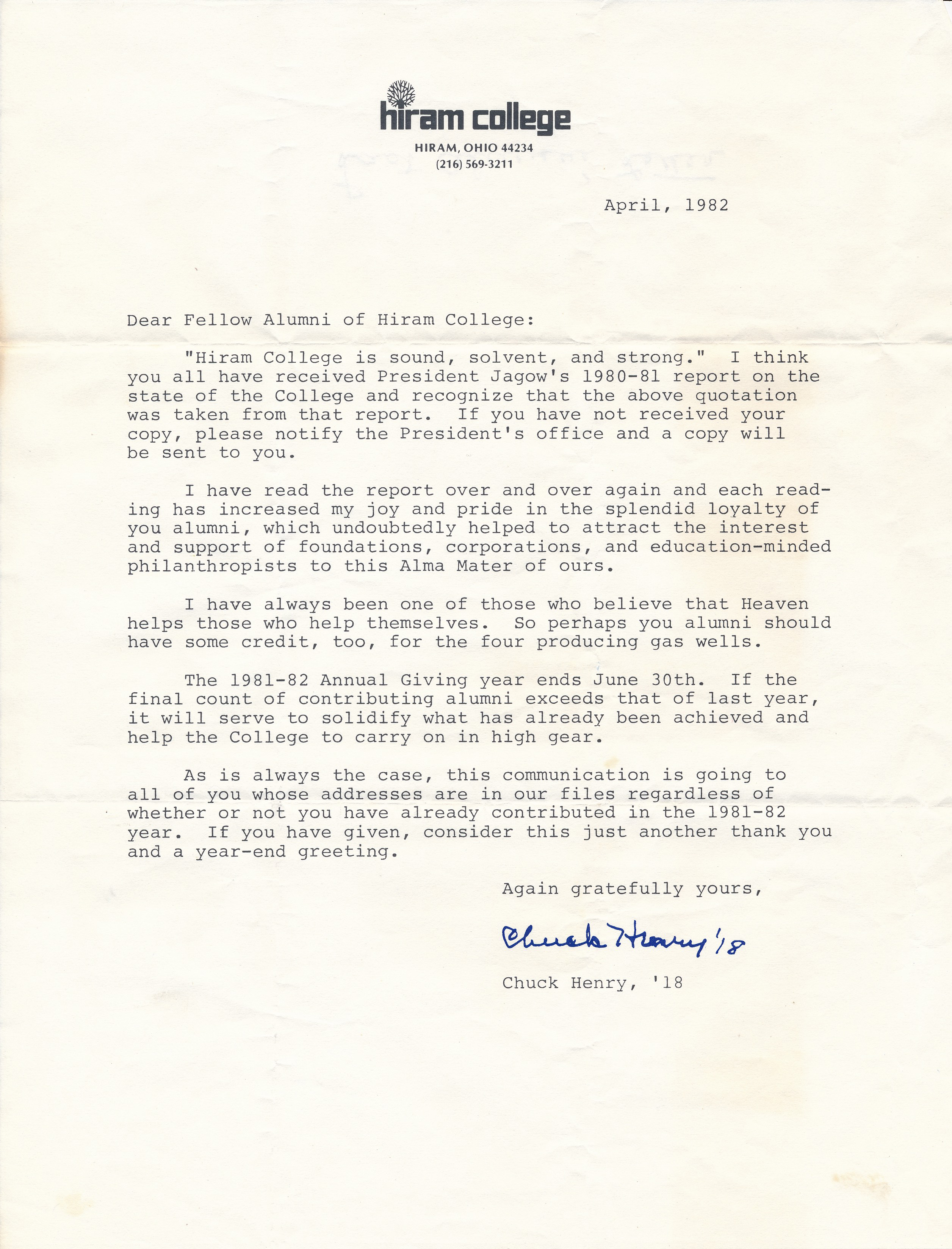 The last of Chuck's famous Alumni Letters 1982
