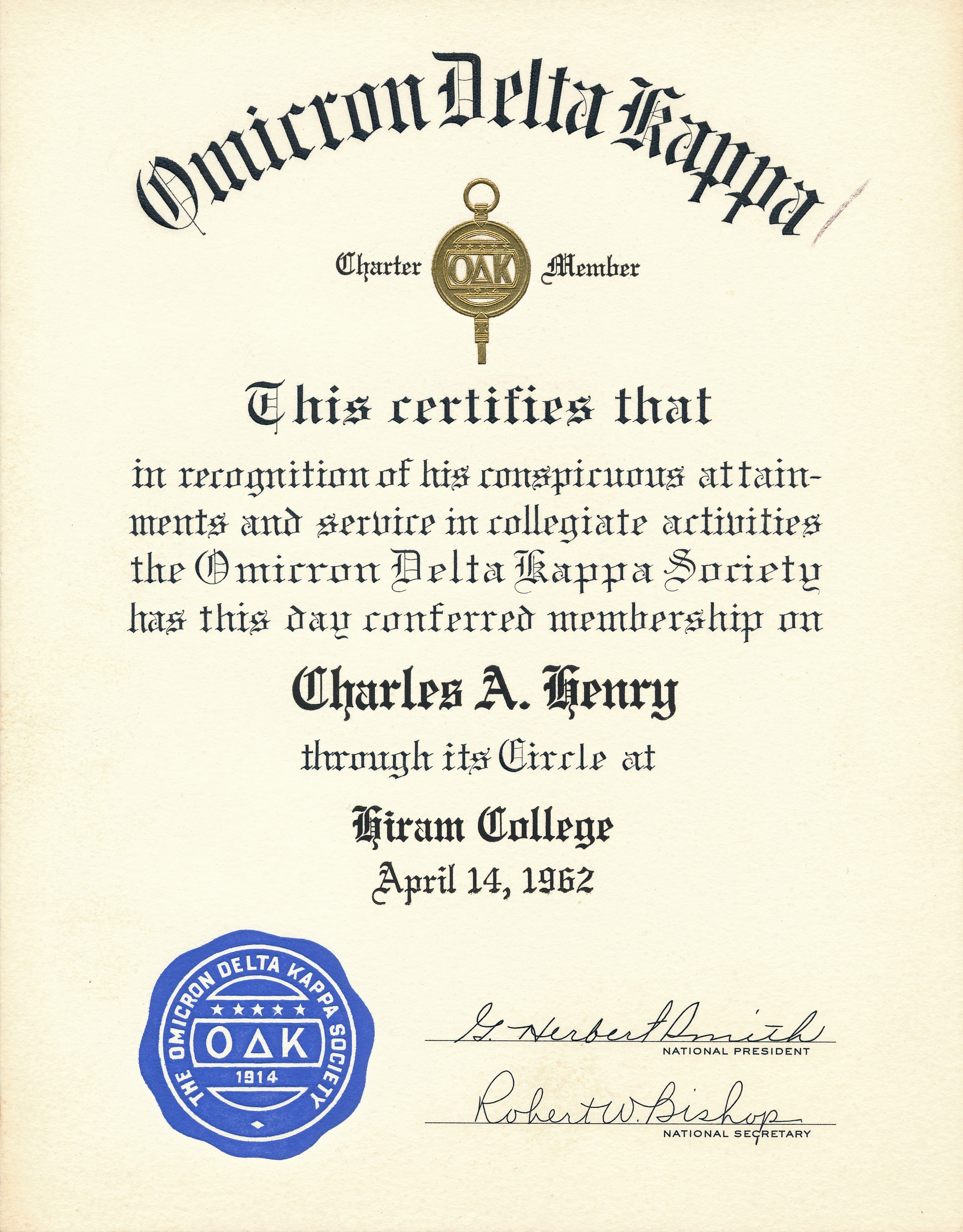 A honor for Chuck from a national leadership society, Omicron Delta Kappa