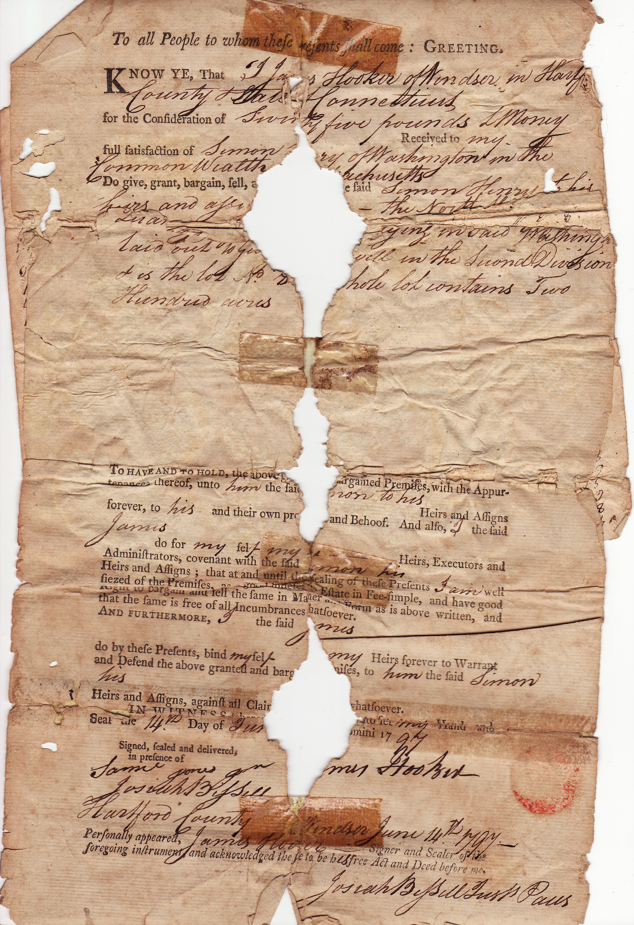 Front of Simon Henry deed for Connecticut Property dated 1797