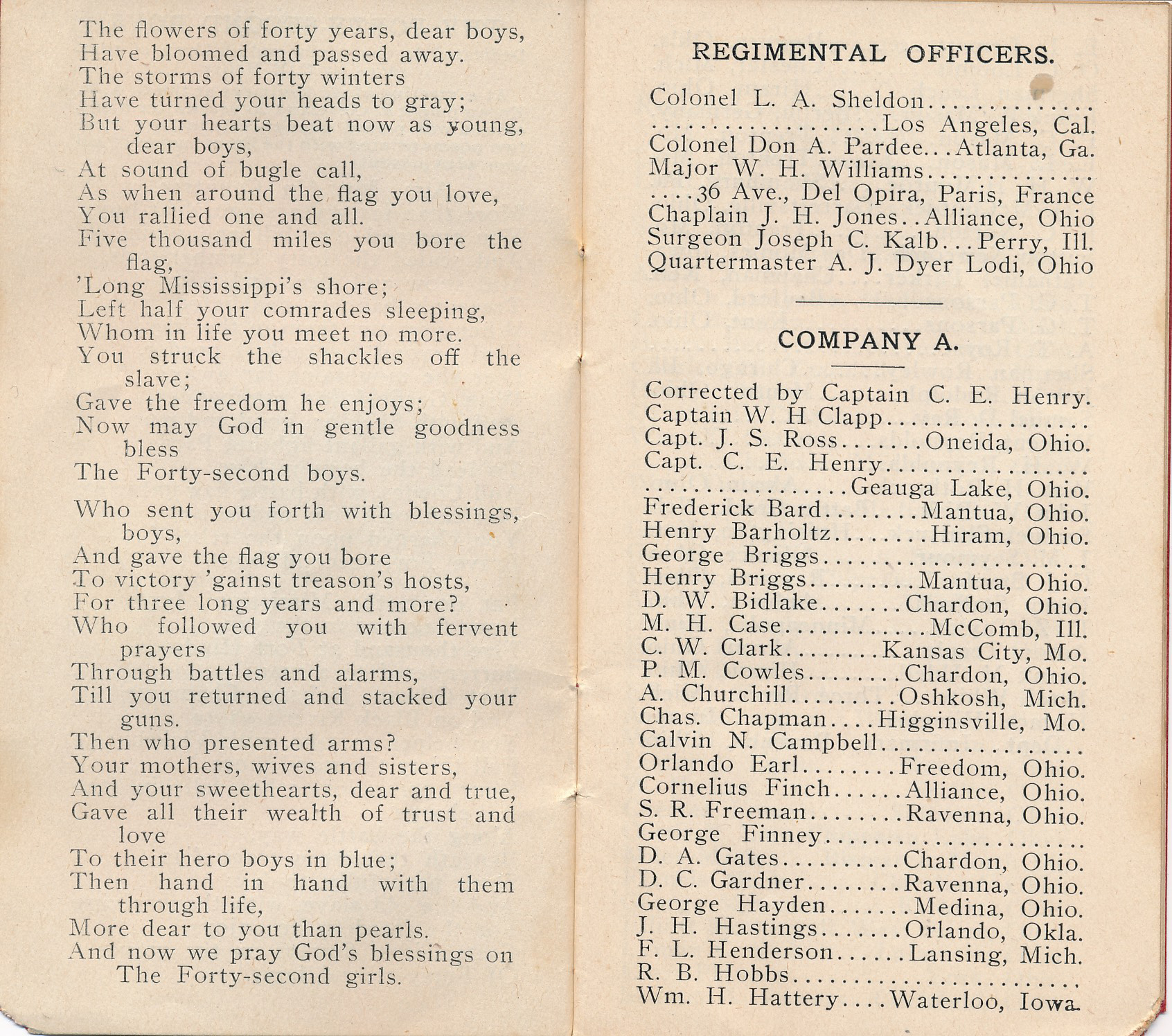 Second page - note Capt. Henry was in Company A, one of the first to sign up to join the Union Army