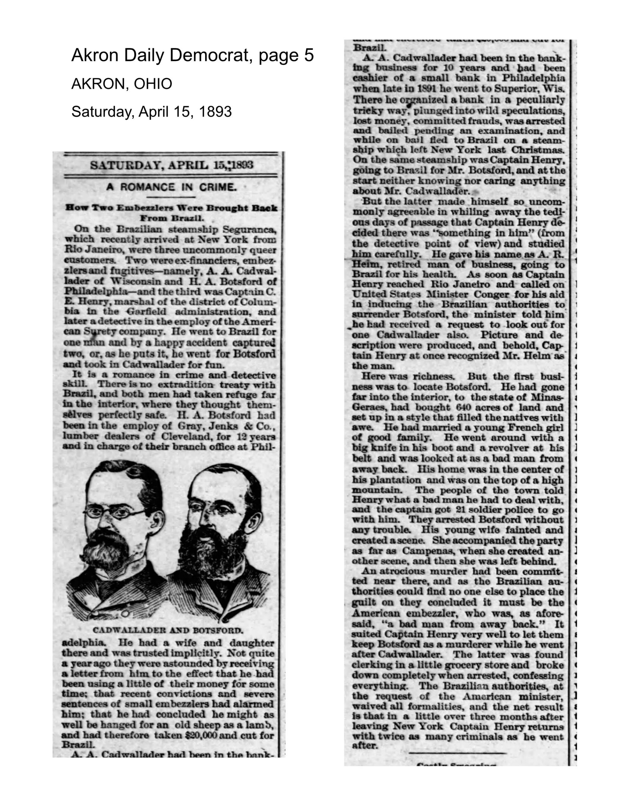 A Romance in Crime Akron Democrat 15Apr1893